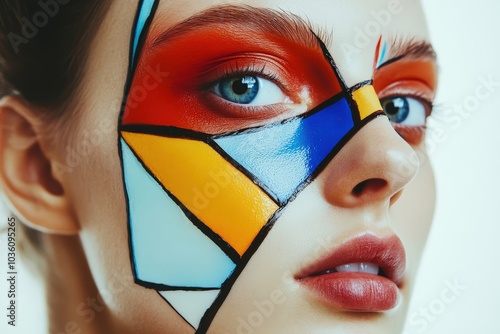 Portrait avec peinture géométrique colorée sur le visage d'une femme