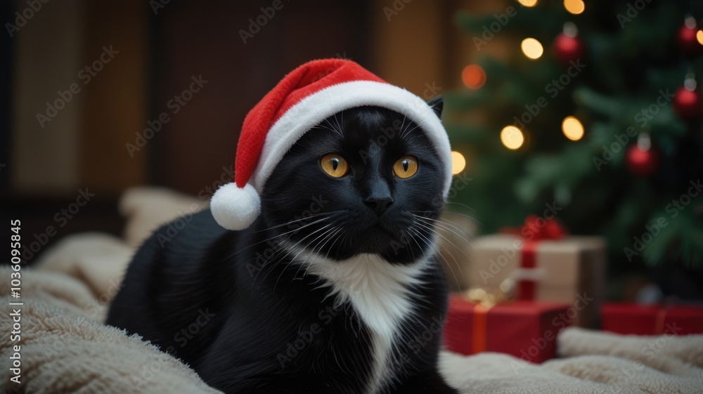 Black cat wearing a Santa hat, sitting on a blanket in front of a Christmas tree. Black cat wearing a Santa hat, sitting on a blanket in front of a Christmas tree.