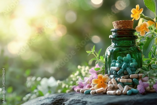 A green glass bottle filled with colorful capsules surrounded by vibrant flowers in a tranquil garden setting photo