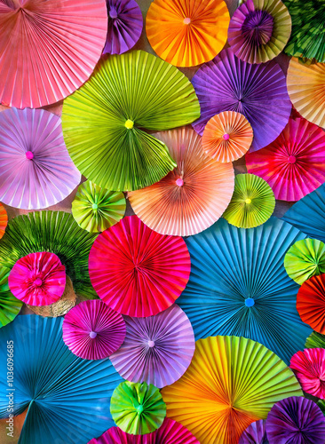 A vibrant explosion of color! 🌈 These handmade paper fans create a stunning, eye-catching wall art. Perfect for adding a touch of cheerfulness to any space