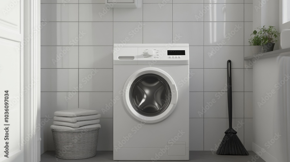 A modern laundry room featuring a washing machine, towels, and cleaning tools. A modern laundry room featuring a washing machine, towels, and cleaning tools.