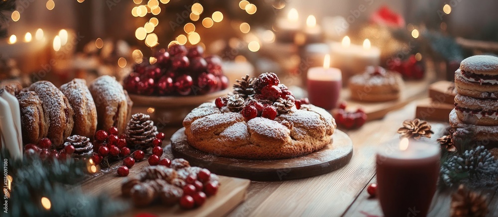 A rustic wooden table is laden with delicious Christmas treats, including a festive cranberry cake, pastries, and cookies. A rustic wooden table is laden with delicious Christmas treats, including a festive cranberry cake, pastries, and cookies.
