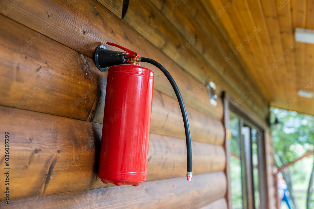 Red fire extinguisher on the hotel wall Red fire extinguisher on the hotel wall