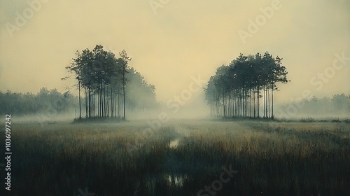   A foggy landscape painting featuring trees in the foreground and a tranquil body of water