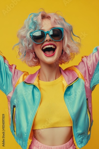 Cheerful young woman with colorful hair and sunglasses celebrating against a ...