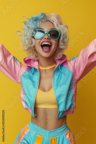 Cheerful young woman with colorful hair and sunglasses celebrating against a ...