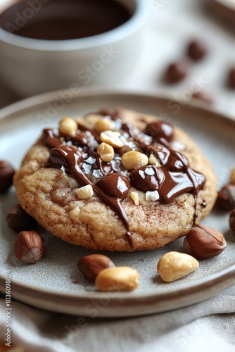 Delicious homemade cookie topped with chocolate drizzle and nuts ready to be ...