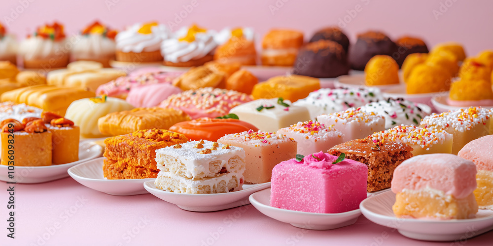 Obraz premium An assortment of colorful and traditional Indian sweets beautifully arranged on plates, perfect for festive celebrations like Diwali, Raksha Bandhan, weddings, and other special occasions.
