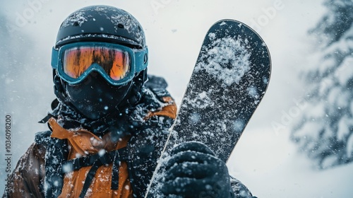 Snowboarder in winter gear enjoys a snowy day on the mountain with fresh powd...