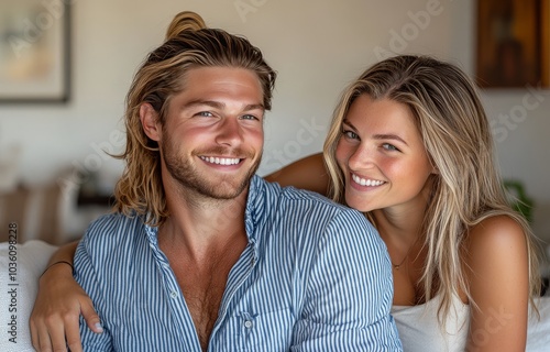 Young couple sharing a joyful moment while relaxing indoors on a cozy sofa in...