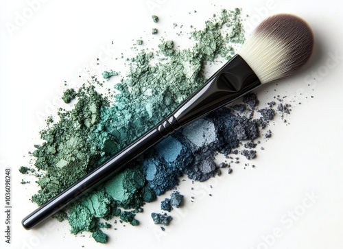 Vibrant green and blue eyeshadow powders with a brush on a white background