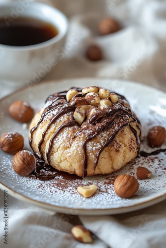 Delicious homemade cookie topped with chocolate drizzle and nuts ready to be ...