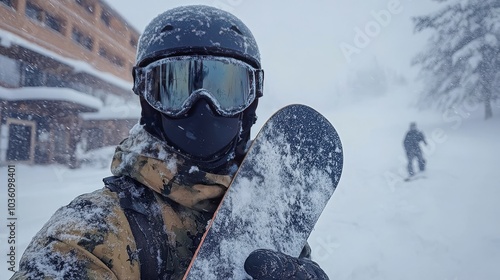 Snowboarder in winter gear enjoys a snowy day on the mountain with fresh powd...