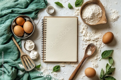 Baking prep with eggs and flour on a rustic table, featuring a blank notebook...