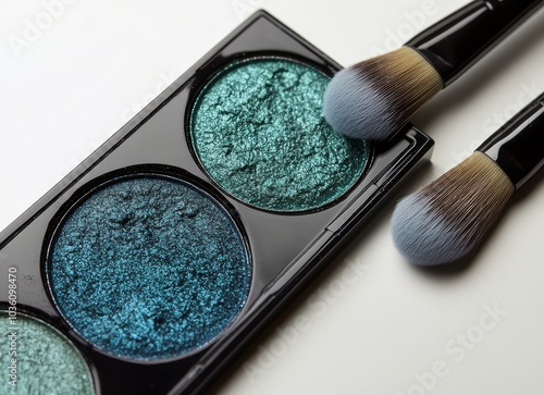 Vibrant green and blue eyeshadow powders with a brush on a white background