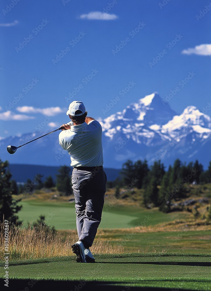 A golfer swings at a beautiful mountain golf course under clear blue skies A golfer swings at a beautiful mountain golf course under clear blue skies
