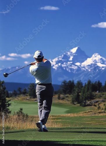 A golfer swings at a beautiful mountain golf course under clear blue skies