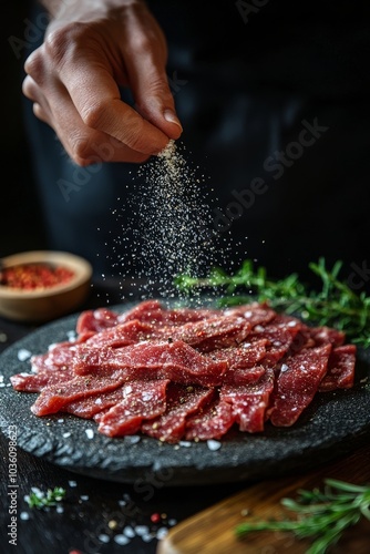 Preparing delicious thinly sliced beef with seasoning on a slate plate in a c...