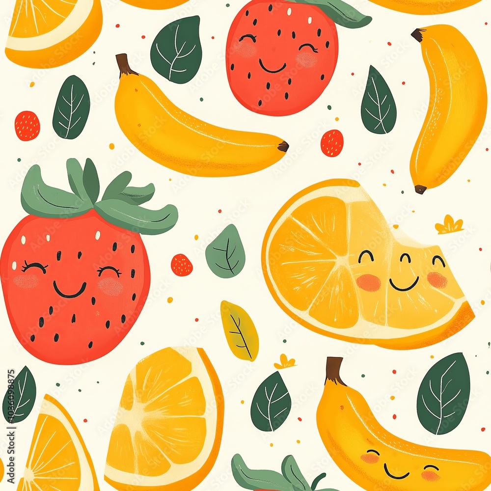 A Vibrant and Whimsical Fruit-Themed Design Featuring Smiling Strawberries Perfect for Children's Products and Marketing Material A Vibrant and Whimsical Fruit-Themed Design Featuring Smiling Strawberries Perfect for Children's Products and Marketing Material