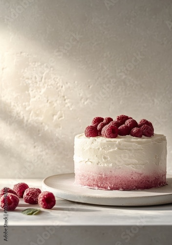 A beautiful raspberry cheesecake with fresh berries on a sunlit table in a co...