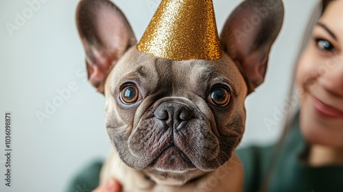 Cute French Bulldog wearing a party hat celebrates a birthday indoors with fa...