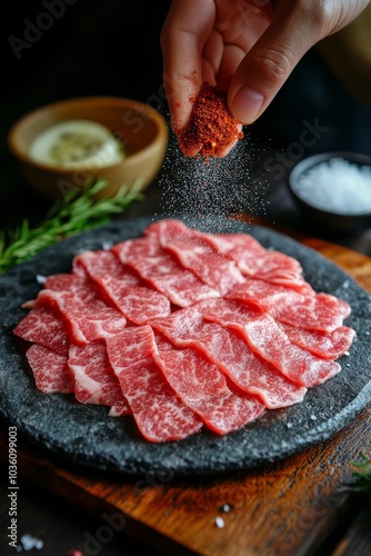 Preparing delicious thinly sliced beef with seasoning on a slate plate in a c...