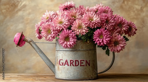 A vintage watering can filled with vibrant pink daisies in a rustic garden se...