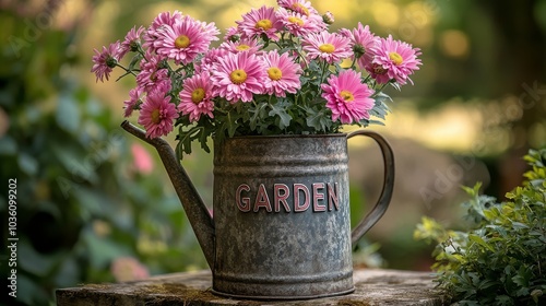 A vintage watering can filled with vibrant pink daisies in a rustic garden se...