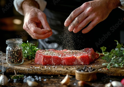 Cooking preparation with fresh steak and herbs in a rustic kitchen setting