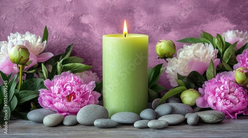 Serene green candle surrounded by peonies and smooth stones on a wooden table...