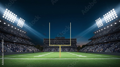 Night Football Game:  Under the stadium lights, a football field awaits the kickoff, promising an electrifying game. The scene is set for an intense competition, captured in vivid detail.