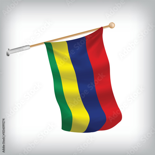 Realistic illustration of Mauritius flags waving on the wall. The set is in the flag collection