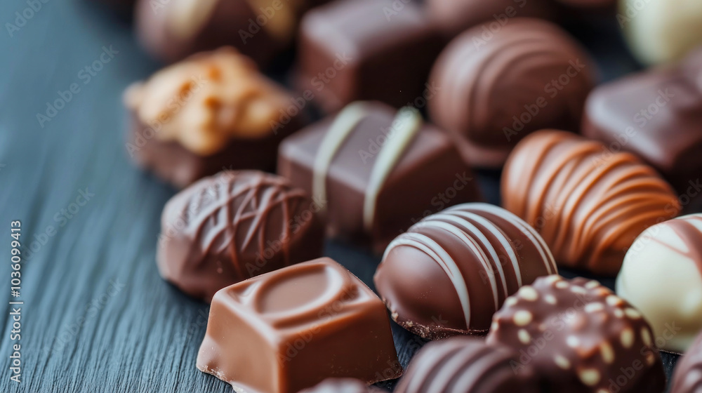 A delightful assortment of handcrafted chocolates displayed on a wooden surface, perfect for any chocolate lover's indulgence A delightful assortment of handcrafted chocolates displayed on a wooden surface, perfect for any chocolate lover's indulgence