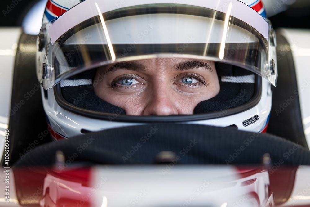 Focused Racer: A female race car driver's intense gaze from behind her helmet, ready for the race. A captivating image of determination and focus. Focused Racer: A female race car driver's intense gaze from behind her helmet, ready for the race. A captivating image of determination and focus.