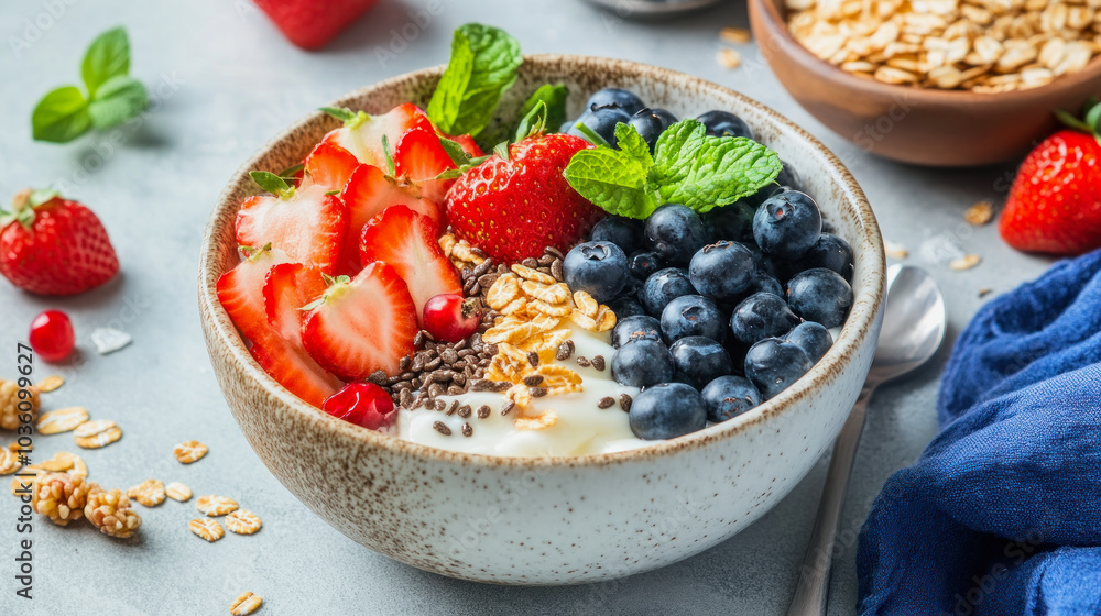 Colorful breakfast bowl filled with yogurt, fresh berries, and granola, ideal for a nutritious morning meal at home Colorful breakfast bowl filled with yogurt, fresh berries, and granola, ideal for a nutritious morning meal at home