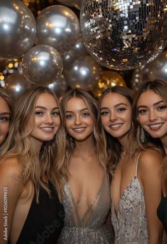 Group of friends celebrating at a glamorous party with balloons and a disco b...