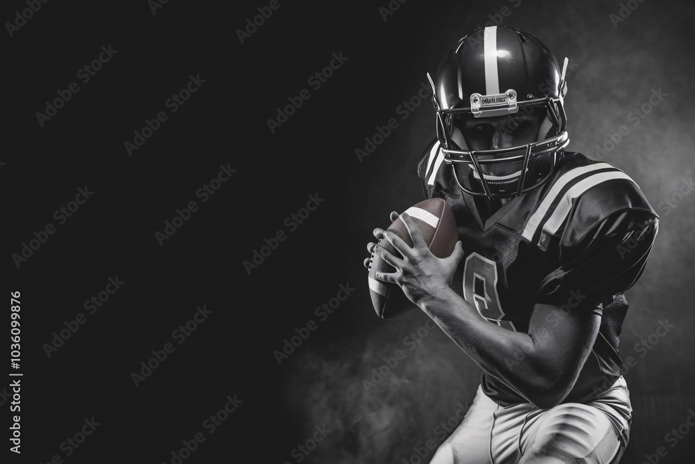 Obraz premium American Football Player Ready for the Play: A powerful image of a determined American football player in full gear, ready to make a play. The player is poised, focused.