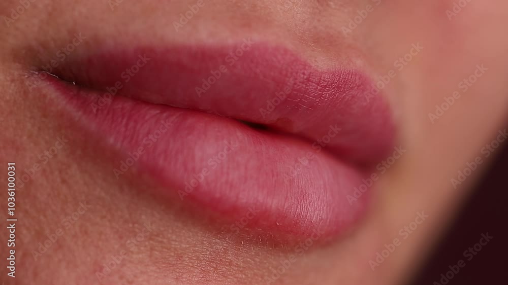 A close-up of lips one month after tattooing. The healed lips show neat and natural contours, highlighting the results of permanent makeup that enhances the natural lip shape A close-up of lips one month after tattooing. The healed lips show neat and natural contours, highlighting the results of permanent makeup that enhances the natural lip shape