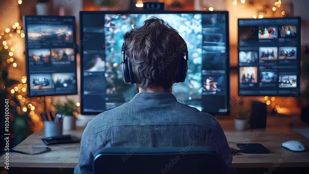 A programmer working on a multi-screen setup in a cozy workspace with ambient lighting. Represents technology, coding, and focus A programmer working on a multi-screen setup in a cozy workspace with ambient lighting. Represents technology, coding, and focus