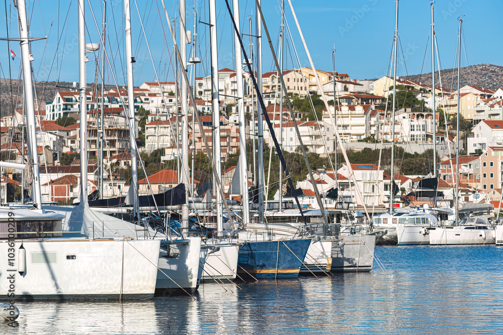 Φωτογραφία Row of white yachts is docking in the marina of Rogoznica in Croatia