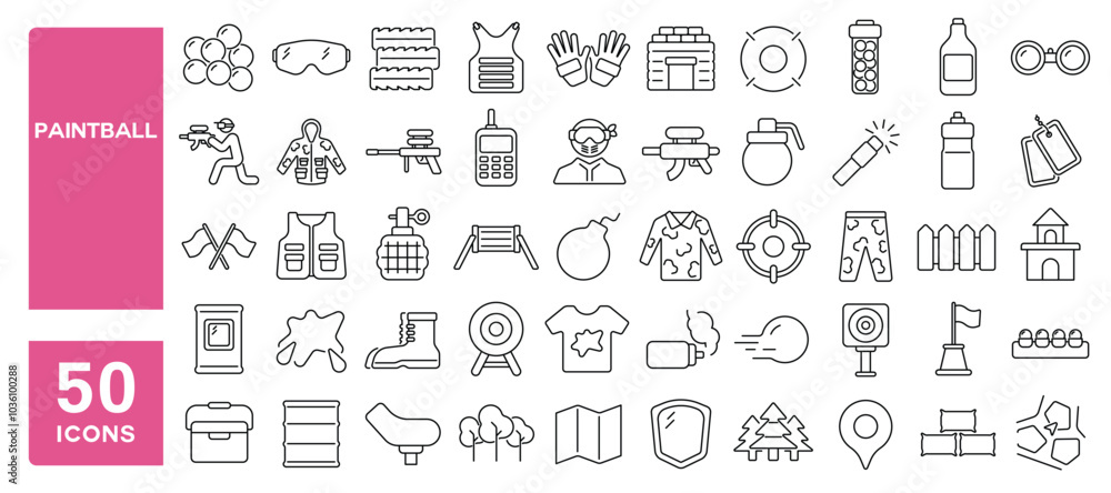 Set of 50 line icons related to paintball, game, shooting, ball, mask, uniform, gun, vest, smoke, shield, Editable stroke. Vector illustration Set of 50 line icons related to paintball, game, shooting, ball, mask, uniform, gun, vest, smoke, shield, Editable stroke. Vector illustration