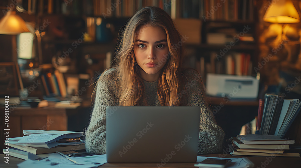 A woman is sitting at a desk with a laptop in front of her A woman is sitting at a desk with a laptop in front of her