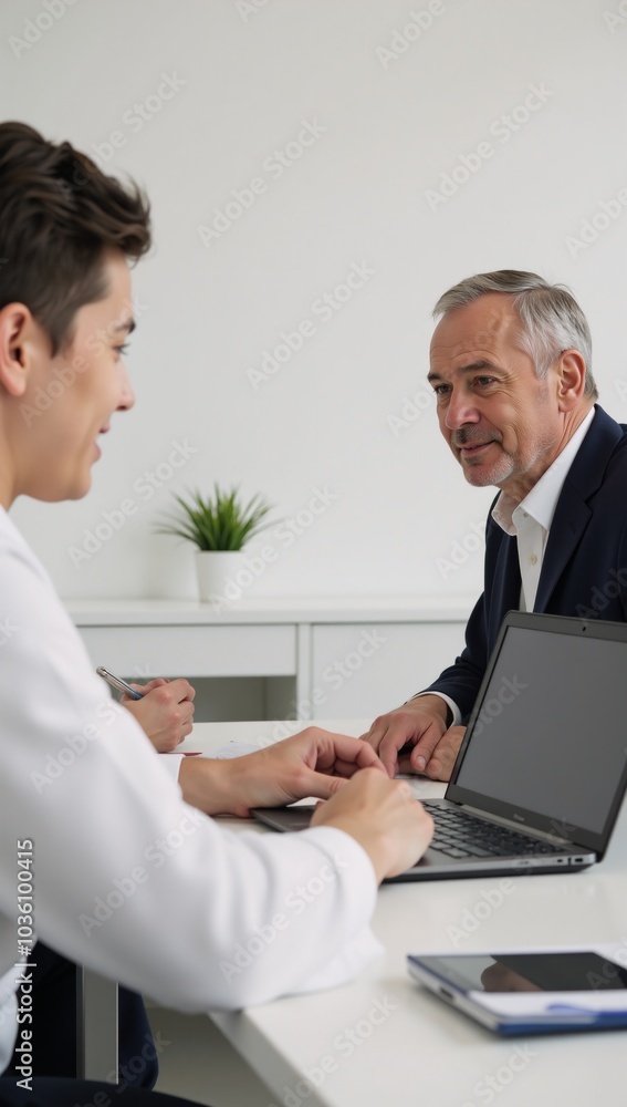 Obraz premium A seasoned colleague coaches a junior counterpart discussing work details on a shared device at their respective desks