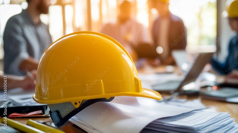 A detailed view of a construction project manager reviewing project progress and budget reports with stakeholders at a construction office, Project management scene, Strategic planning style A detailed view of a construction project manager reviewing project progress and budget reports with stakeholders at a construction office, Project management scene, Strategic planning style