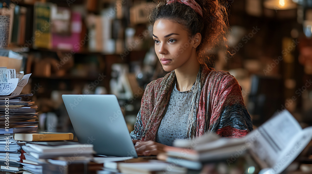 A woman is sitting at a desk with a laptop and a pile of books A woman is sitting at a desk with a laptop and a pile of books