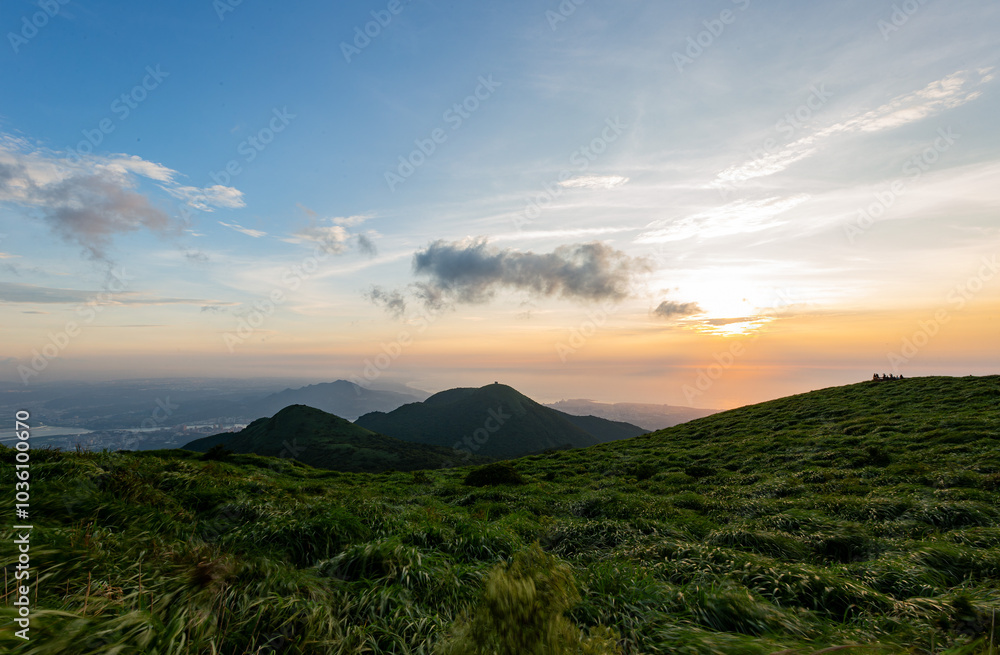 Naklejka premium Sunset landscape from Mount Datun Air Navigation Station Lookout