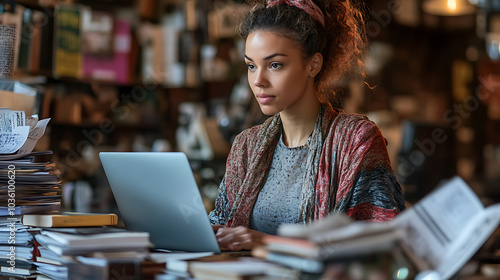 A woman is sitting at a desk with a laptop and a pile of books