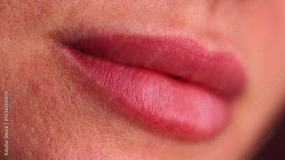 A close-up of a woman's lips one month after permanent makeup. The lip pigment has softened and looks natural, highlighting their shape and color. A close-up of a woman's lips one month after permanent makeup. The lip pigment has softened and looks natural, highlighting their shape and color.