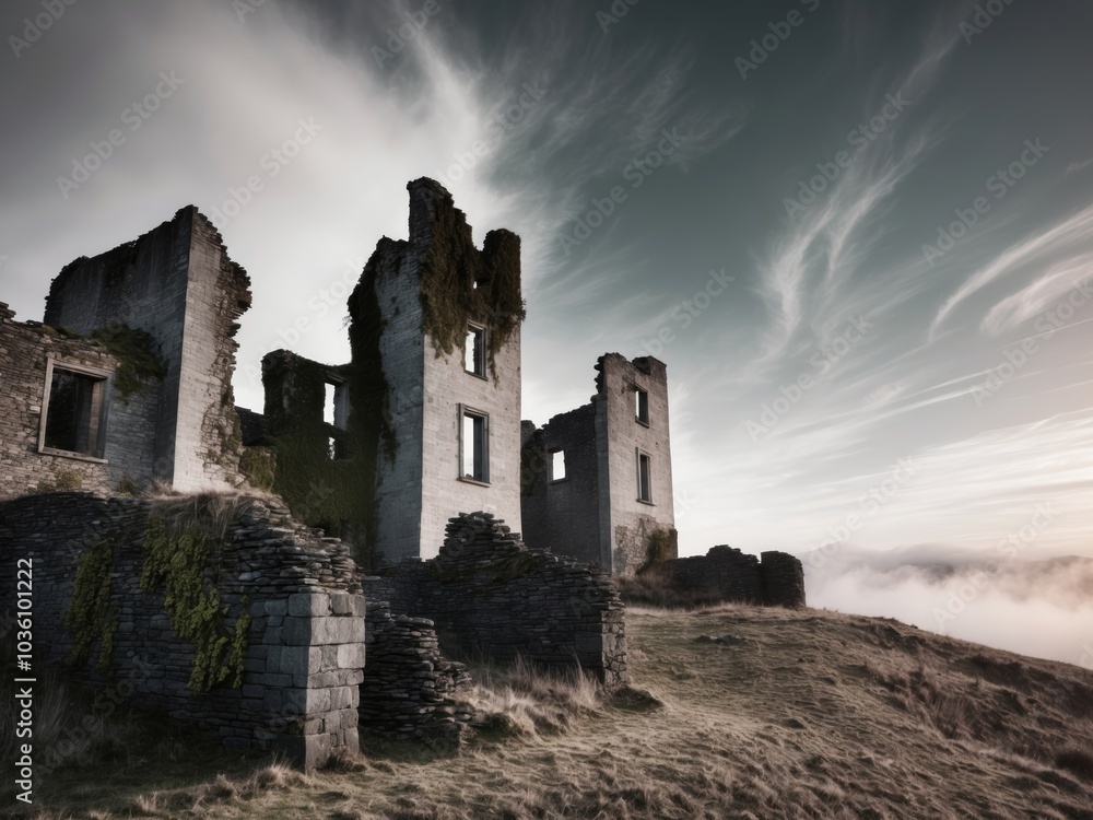 Obraz premium Mysterious Ruins of an Abandoned Castle on a Windswept Hilltop.