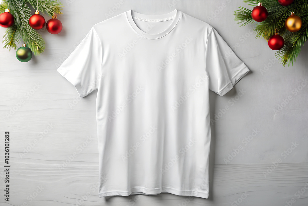 Christmas-themed mock-up of a white t-shirt on a grey background with red and gold baubles and pine branches. Perfect for showcasing festive apparel designs or holiday branding. Christmas-themed mock-up of a white t-shirt on a grey background with red and gold baubles and pine branches. Perfect for showcasing festive apparel designs or holiday branding.